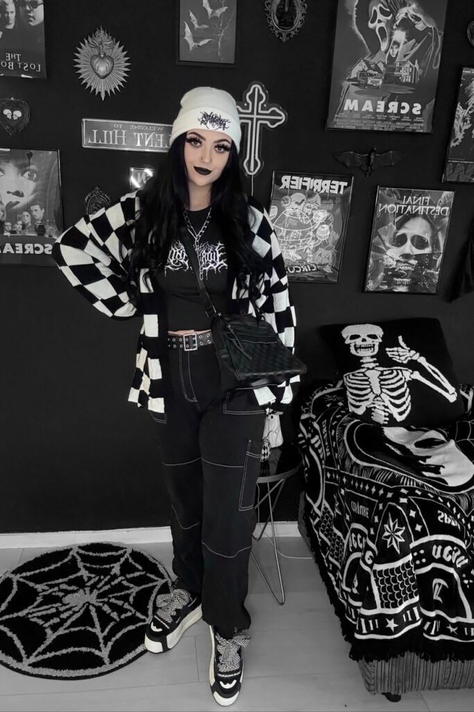 Black Graphic Tee + Checkerboard Cardigan + Black Contrast-stitch Cargo Pants