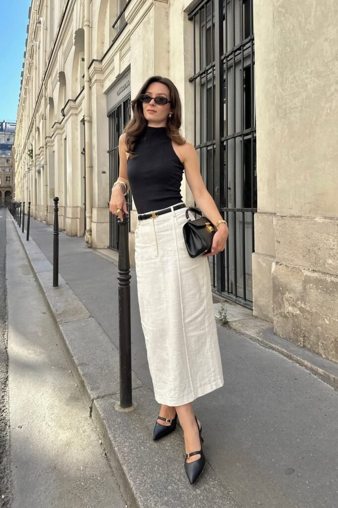 Black High-Neck Sleeveless Top + White Linen Maxi Skirt + Black Pointed-Toe Slingback Heels