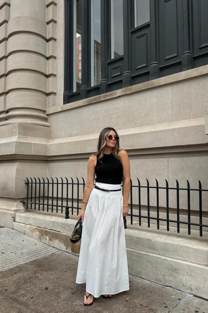 Black High-Neck Tank Top + White Cotton Maxi Skirt + Black Thong Sandals