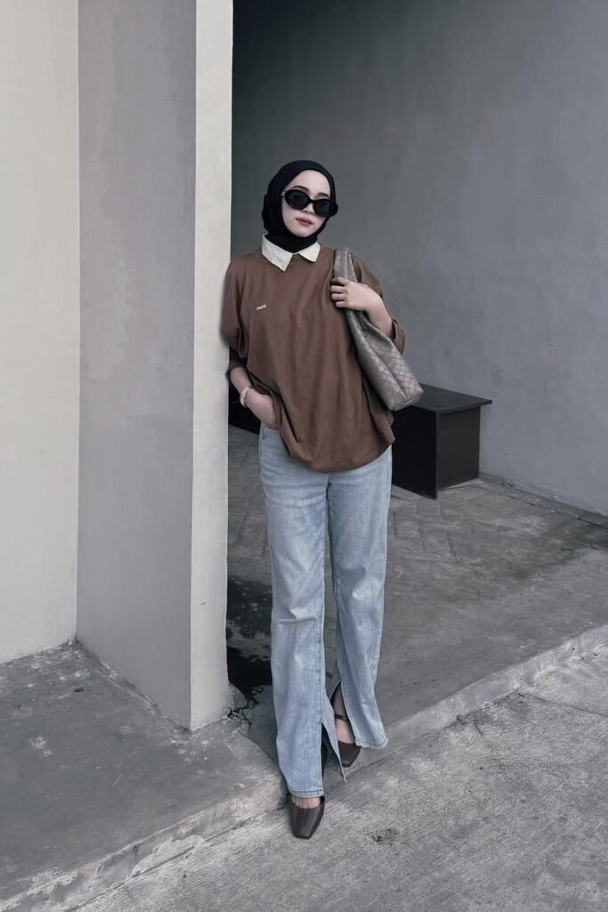 Black Hijab + Brown Oversized T-Shirt with White Collar + Light Blue Split-Hem Jeans + Dark Brown Flats