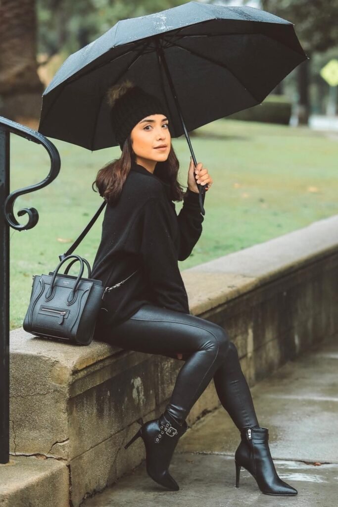 Black Knit Sweater + Black Faux-Leather Leggings + Black Stiletto Ankle Boots