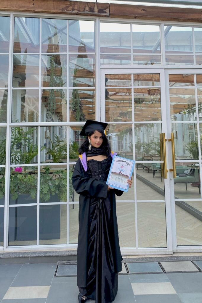 Black Lace Bodice & Draped Satin Skirt + Black Graduation Gown with Purple/Yellow Hood + Black Heels