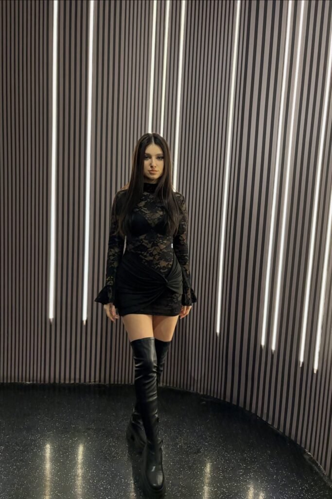 Black Lace Long-Sleeve Mini Dress + Black Over-the-Knee Boots