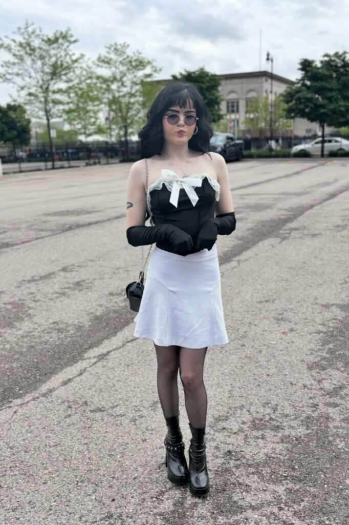 Black Lace Trim Corset Top with White Bow + White A Line Mini Skirt + Black Opera Gloves + Black Platform Ankle Boots