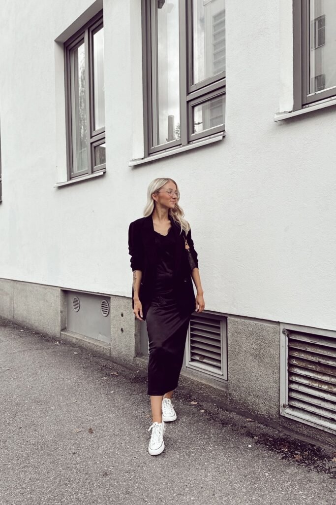 Black Lace-Trim Silk Slip Dress + Oversized Black Blazer + White Classic Sneakers