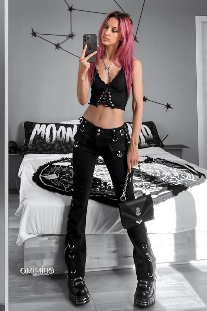 Black Lace-Up Corset Top + Low-Rise Buckled Flare Pants + Metallic Detail Platform Boots