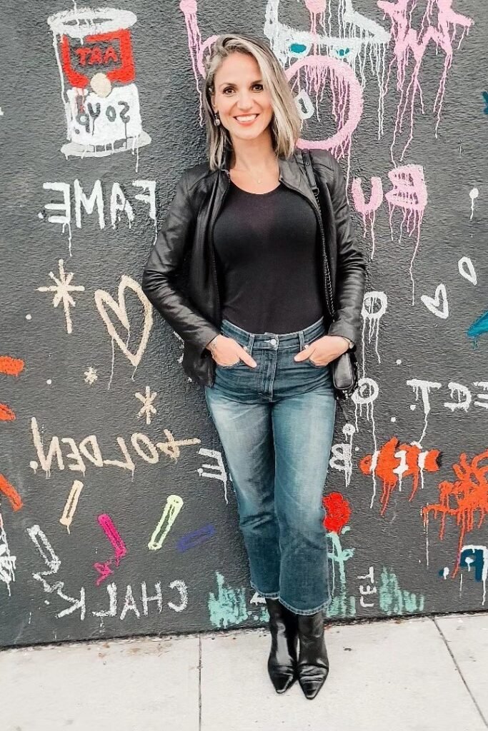 Black Leather Biker Jacket + Black Bodysuit + Medium Wash Straight-Leg Jeans + Black Pointed-Toe Boots