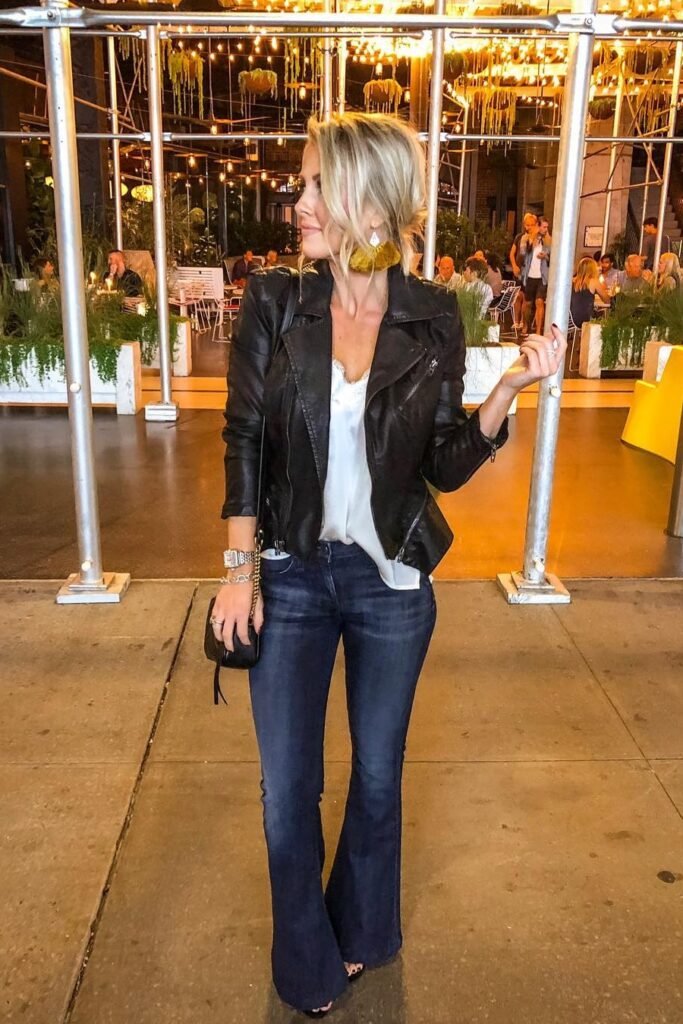 Black Leather Biker Jacket + White Lace Camisole + Dark Wash Flare Jeans