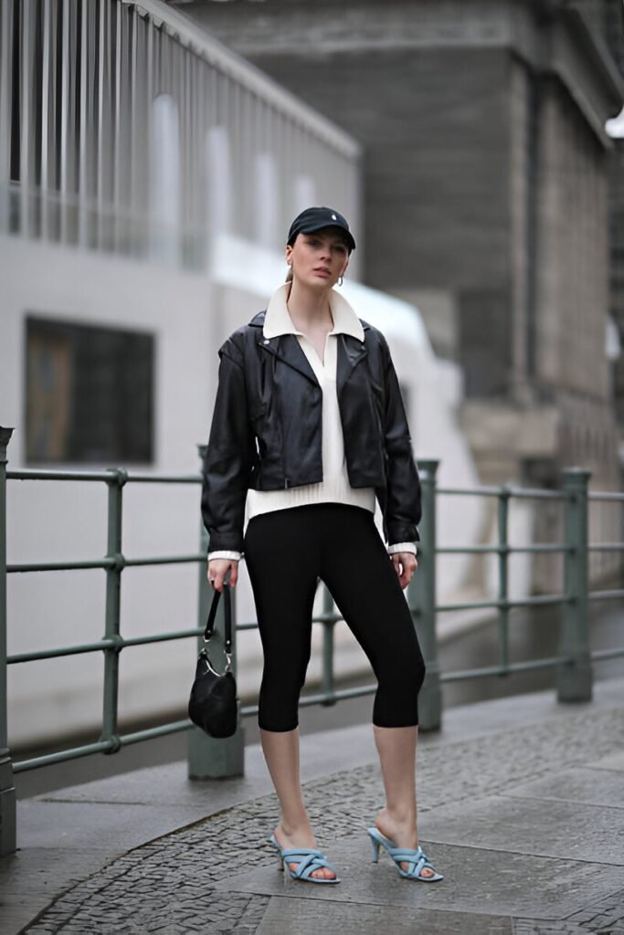 Black Leather Biker Jacket + White Polo Sweater + Black Capri Leggings + Blue Strappy Mules