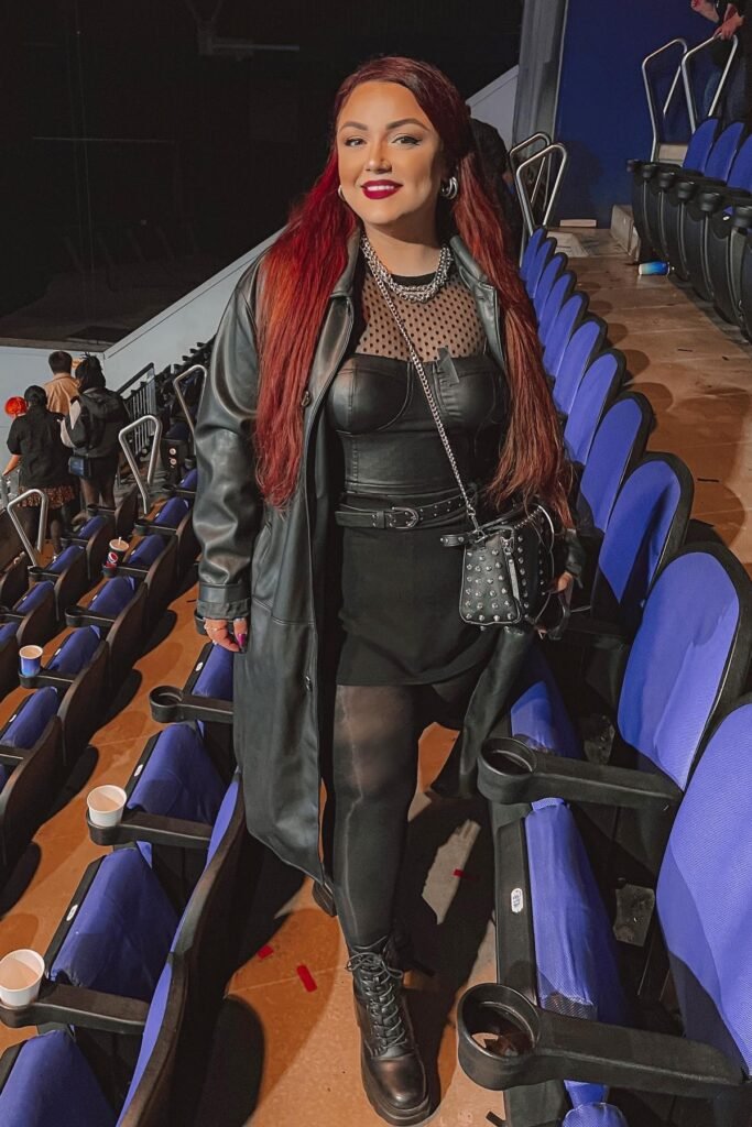 Black Leather Corset Top + Black Mini Skirt + Long Black Leather Trench Coat