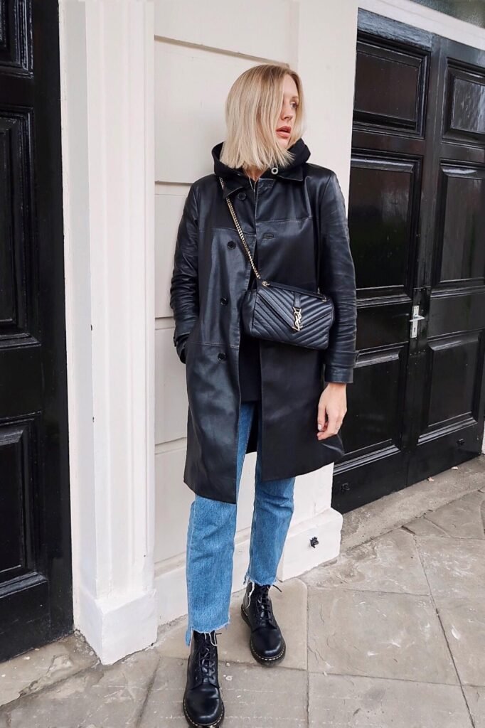 Black Leather Mid-Length Coat + Black Hoodie + Frayed Straight-Leg Jeans