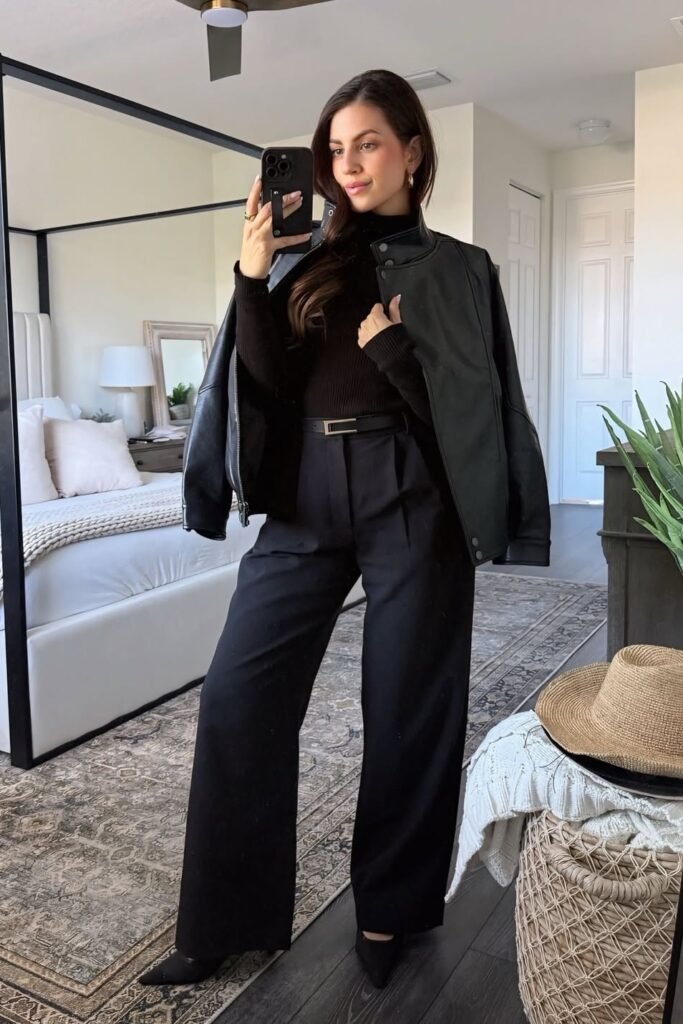 Black Leather Racing Jacket + Black Mock-Neck Top + Black High-Waisted Trousers + Black Pointed-Toe Heels