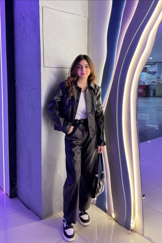 Black Leather Shirt-Jacket + White T-shirt + Wide-Leg Black Leather Trousers + Black and White Sneakers