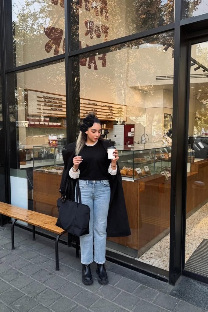 Black Long Coat + Black Crewneck Top + Light Wash Straight-Leg Jeans + Black Platform Boots