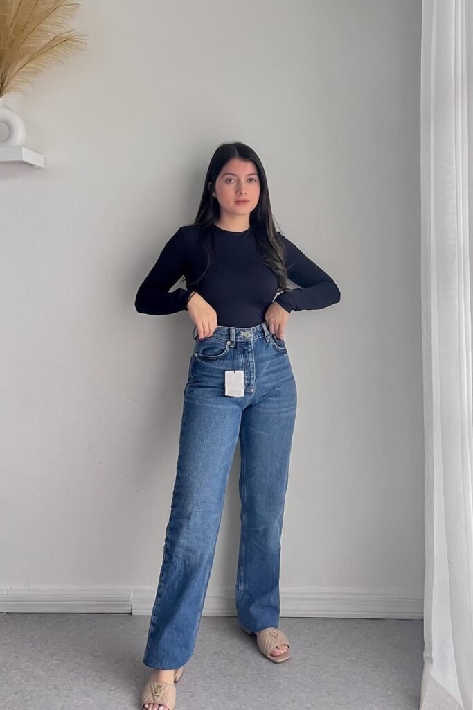 Black Long-Sleeve Bodysuit + High-Waisted Straight-Leg Jeans + Beige Quilted Slide Sandals