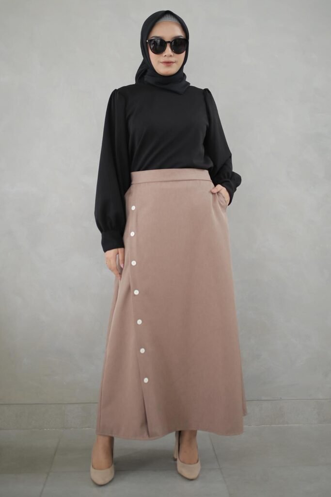 Black Long-Sleeve Modest Top + Taupe A-Line Maxi Skirt with Side Buttons + Tan Suede Pumps