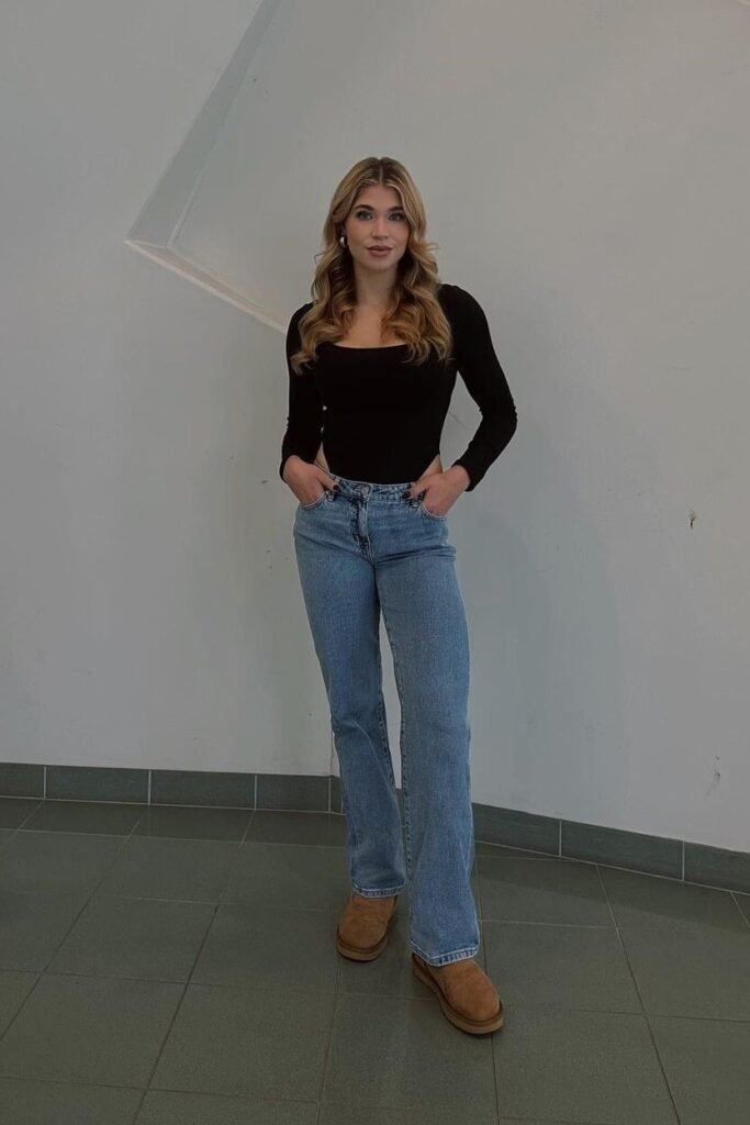 Black Long-Sleeve Square-Neck Bodysuit + Light Wash Straight Jeans + Brown Platform Boots