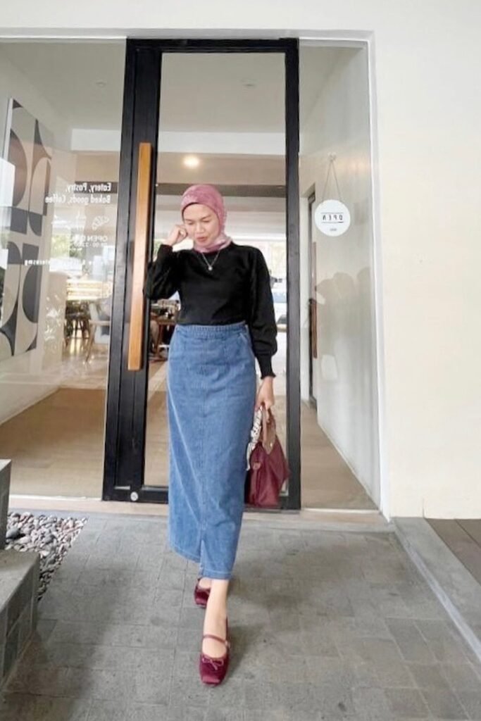 Black Long-Sleeve Top + Denim Maxi Skirt + Burgundy Ballet Flats