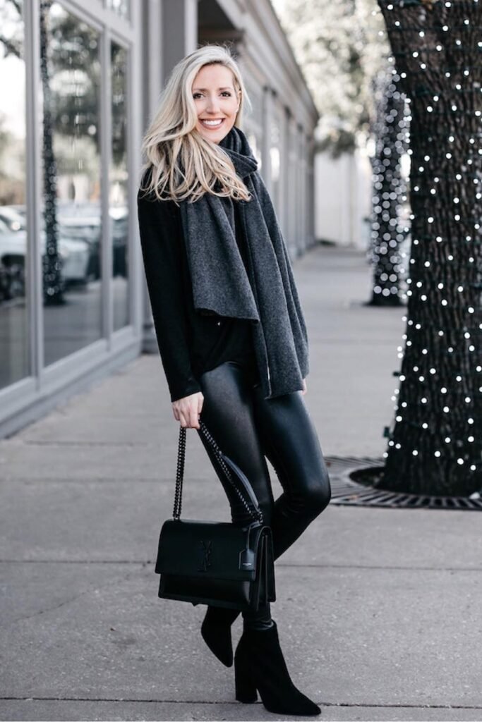 Black Long-Sleeve Top with Charcoal Scarf + Black Shimmer Leggings + Black Suede Ankle Boots