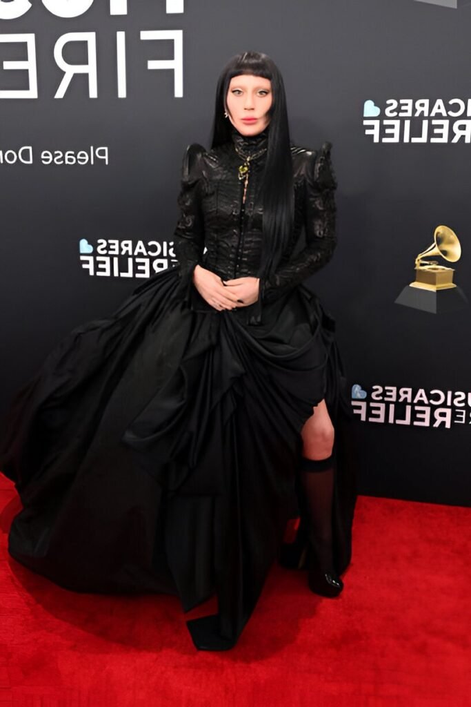 Black Long-sleeved Brocade Bodice + Black Asymmetrical Draped Skirt + Black Knee-High Stockings with Platform Heels