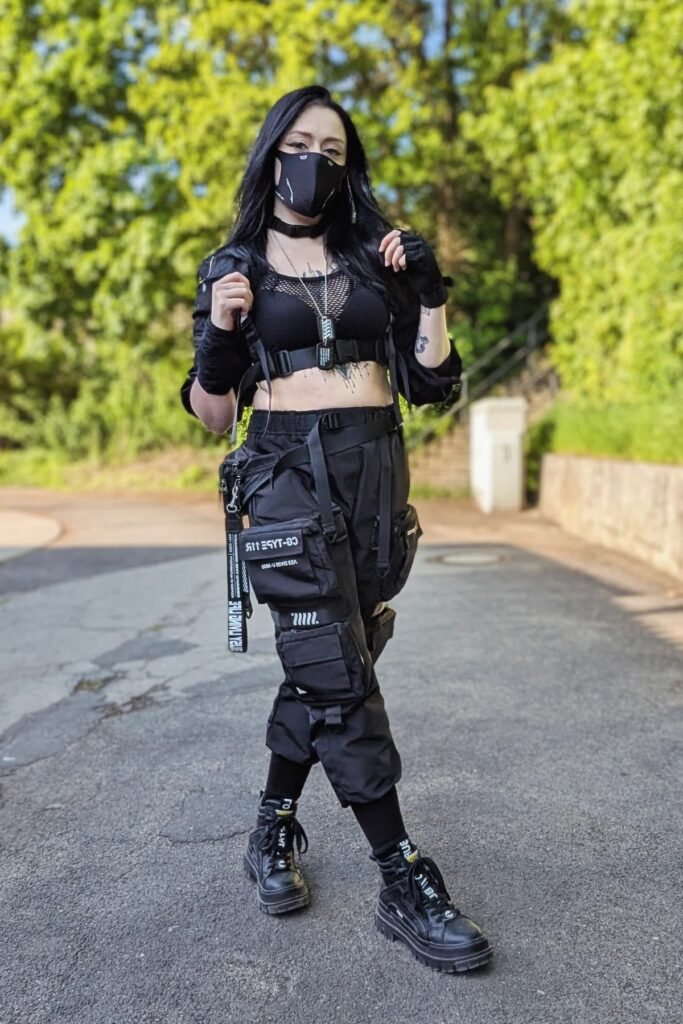 Black Mesh Crop Top + Tactical Multi-Pocket Cargo Pants + Techwear Harness + Black Chunky Sneakers