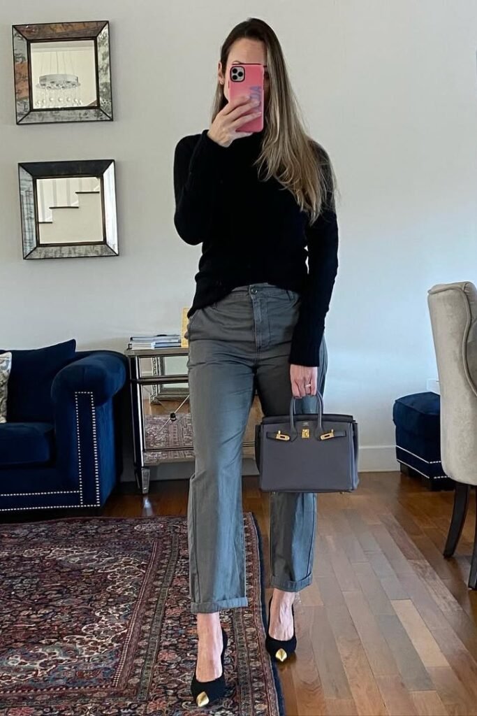 Black Mock Neck Sweater + Grey Straight-Leg Trousers + Black Pointed-Toe Heels