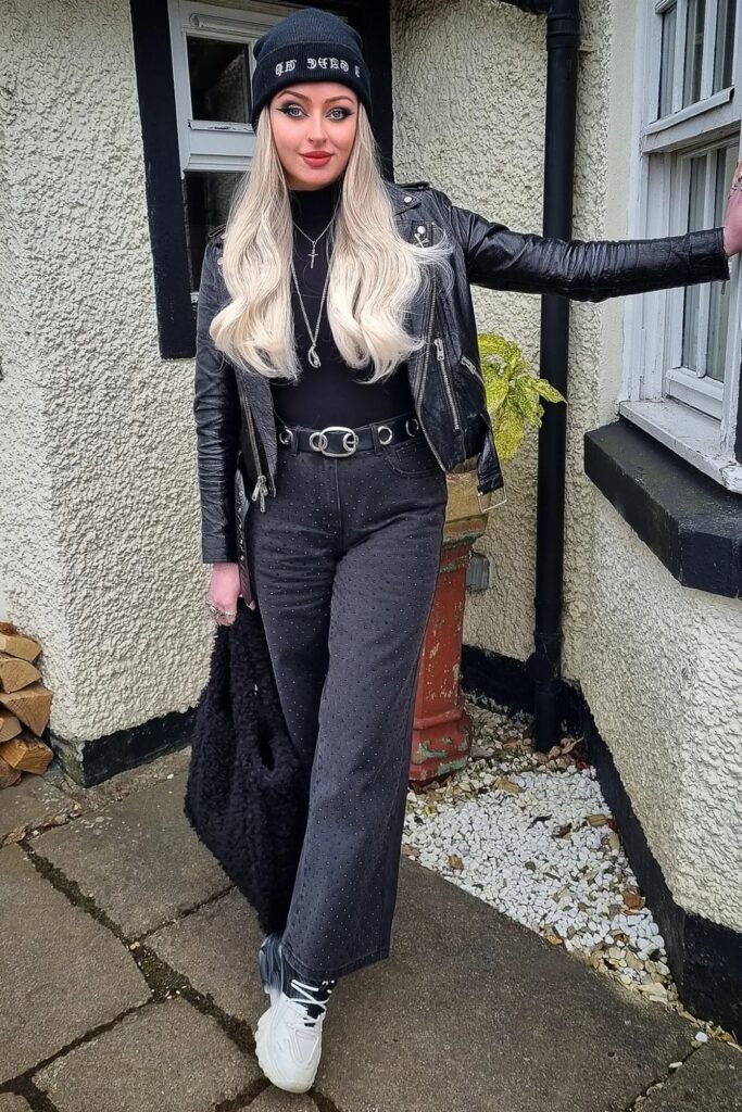 Black Moto Leather Jacket + Black Turtleneck + Embellished Dark Grey Jeans + White Chunky Sneakers