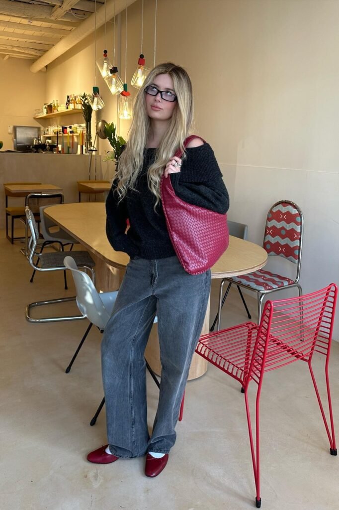 Black Off-the-Shoulder Knit Sweater + Dark Grey Wide-Leg Jeans + Red Ballet Flats