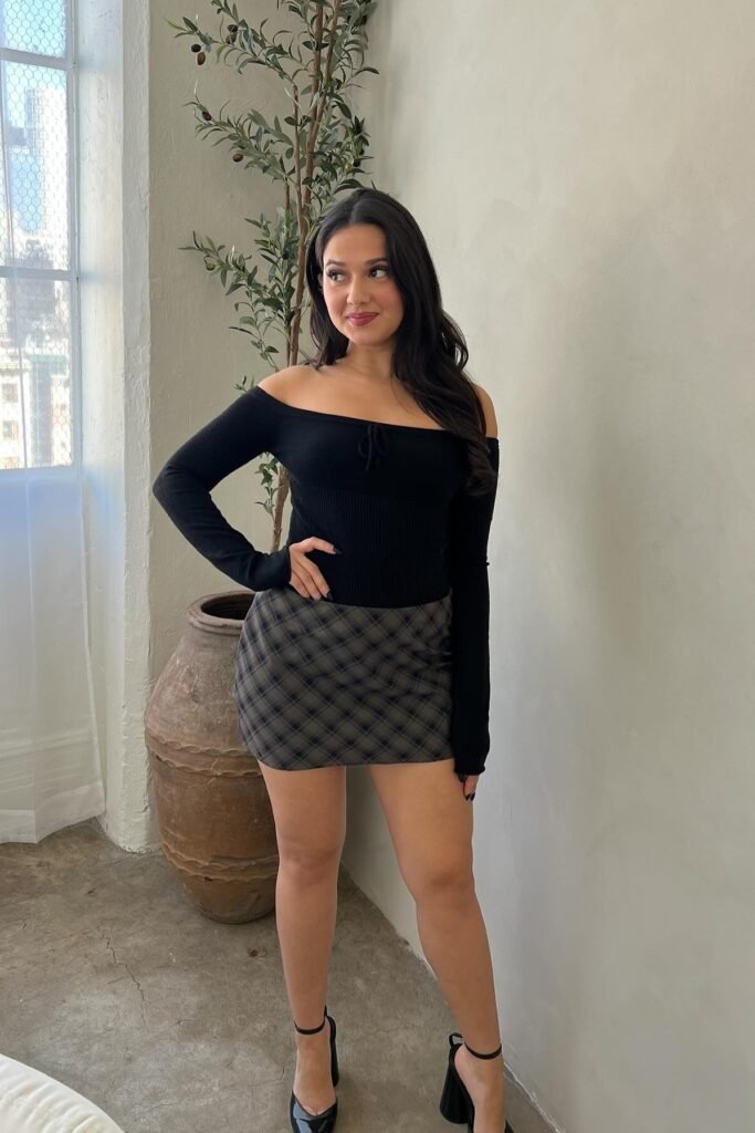 Black Off-the-Shoulder Long-Sleeve Top + Grey Plaid Mini Skirt + Black Platform Heels