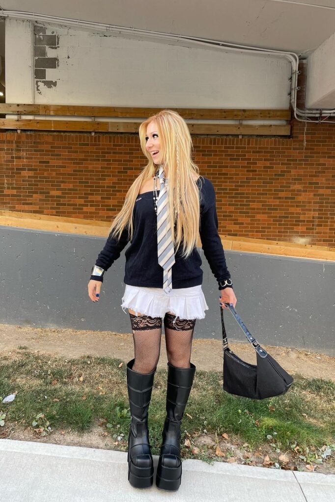 Black Off-the-Shoulder Sweater + White Pleated Mini Skirt + Striped Tie + Black Platform Boots