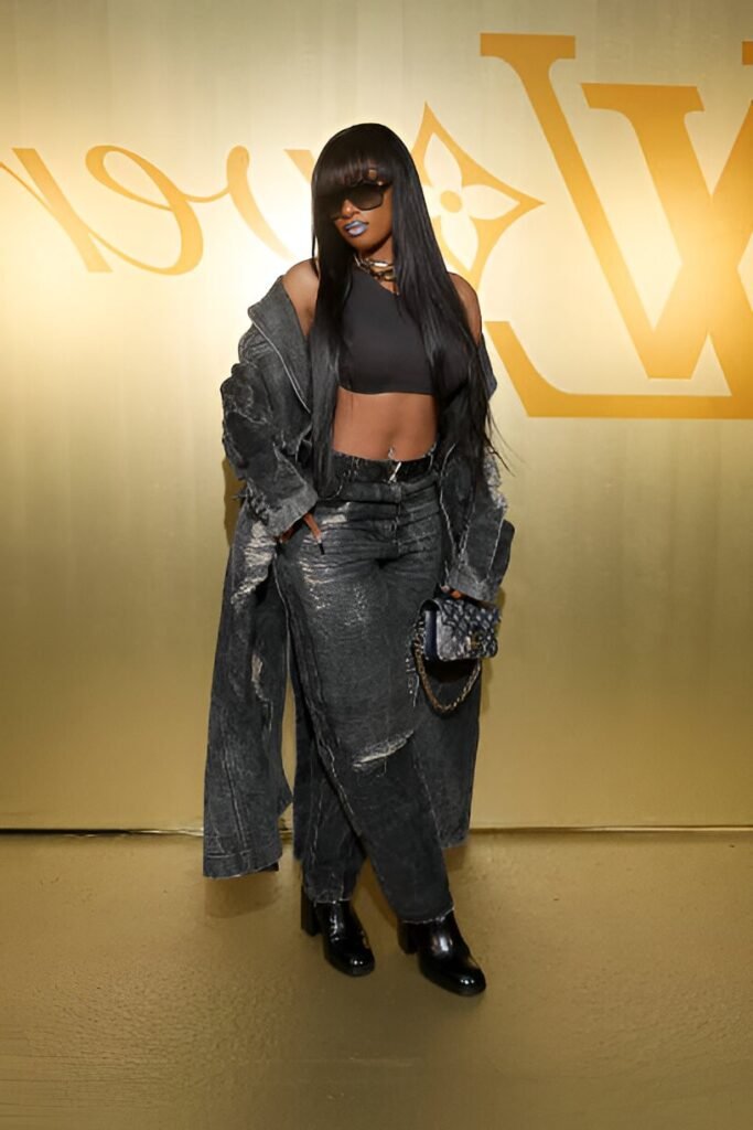 Black One-Shoulder Crop Top + Distressed Dark Denim Overcoat + Matching Wide-Leg Jeans