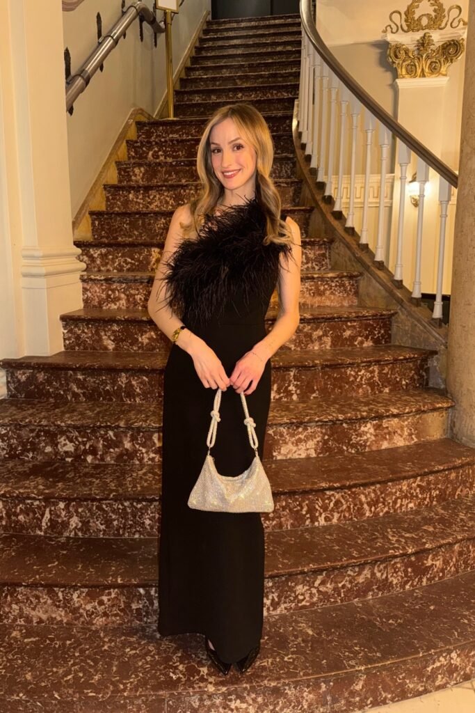 Black One-Shoulder Feather-Trimmed Dress + Silver Mesh Handbag + Black Pointed-Toe Heels