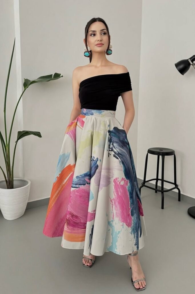 Black One-Shoulder Top + Multi-Color Abstract Print Maxi Skirt + Silver Strappy Sandals