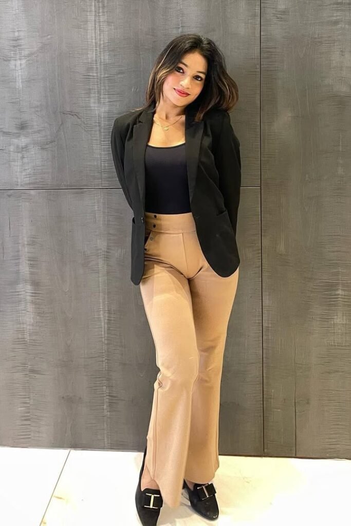 Black Open Blazer + Black Bodysuit + Camel Flare Trousers + Black Buckle Loafers