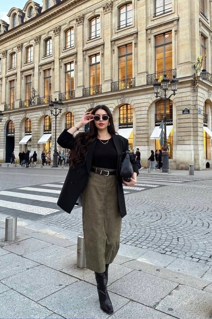 Black Oversized Blazer + Black Crew-Neck Top + Olive Corduroy Midi Skirt
