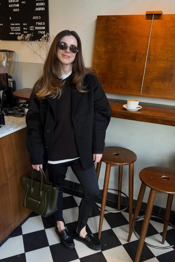 Black Oversized Blazer + Dark Brown Knit Sweater + Black Stirrup Leggings + Black Leather Loafers