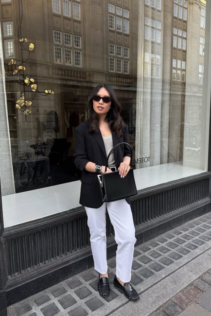 Black Oversized Blazer + Grey Scoop Neck Top + White Straight Jeans + Black Loafers