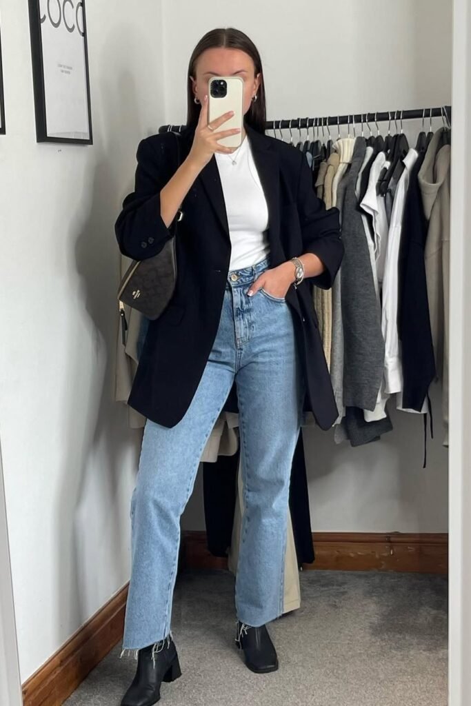 Black Oversized Blazer + White High-Neck Bodysuit + Light Wash Raw-Hem Jeans + Black Square-Toe Boots