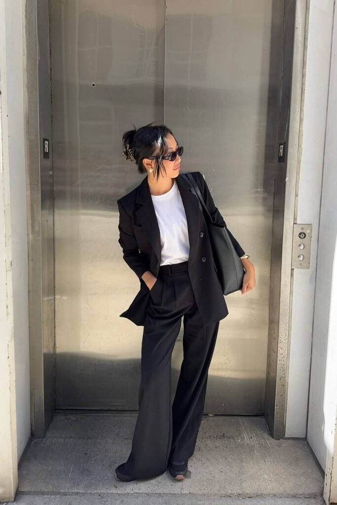 Black Oversized Blazer + White T-Shirt + Black Wide-Leg Trousers + Black Sneakers