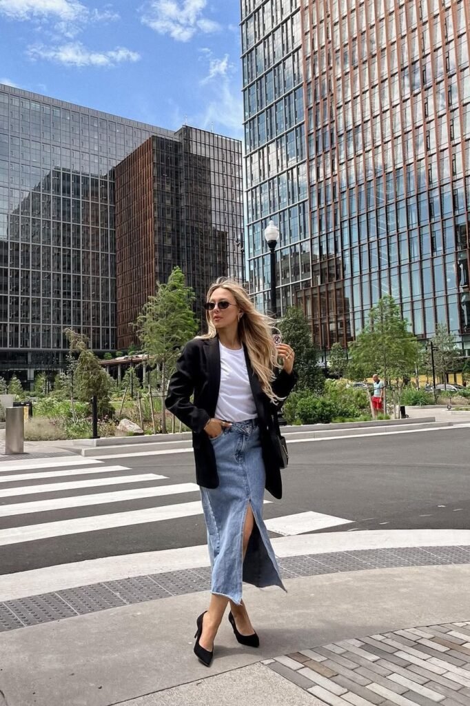Black Oversized Blazer + White T-Shirt + Denim Maxi Skirt with Front Slit + Black Pointed-Toe Pumps