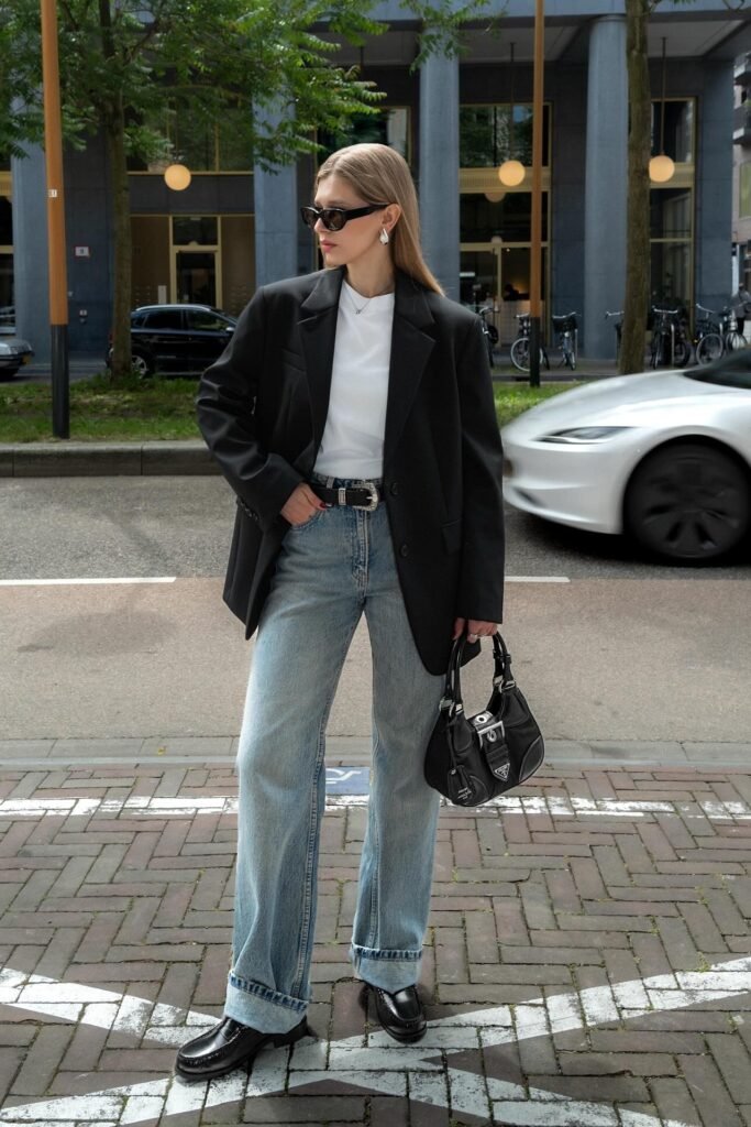 Black Oversized Blazer over White Tee + Light Wash Relaxed Cuffed Jeans + Black Loafers