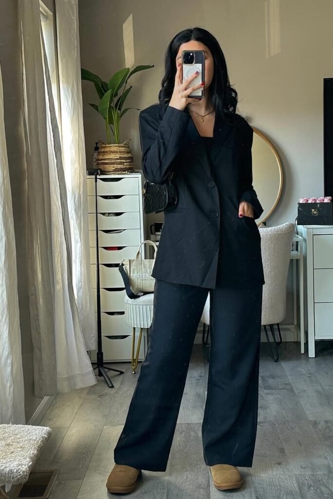 Black Oversized Suit Blazer + Black Wide-Leg Trousers + Tan Platform Boots