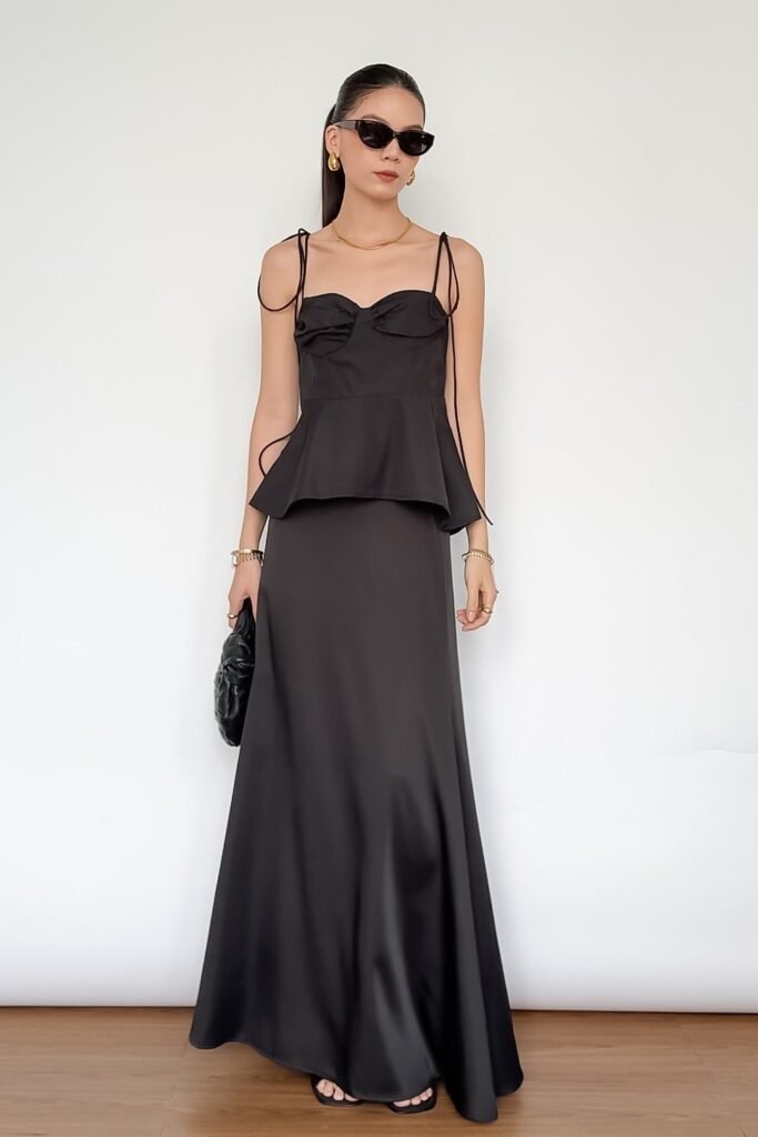 Black Peplum Cami Top + Black Satin Maxi Skirt + Black Flip-Flop Sandals