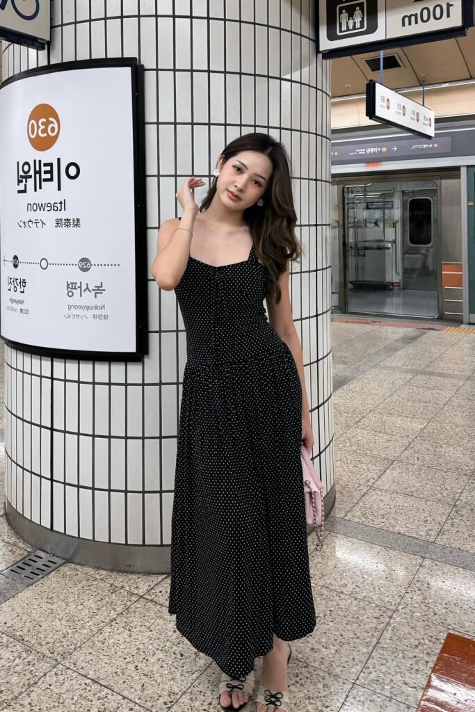 Black Polka Dot Spaghetti Strap Maxi Dress + Beige Bow Slides + Light Pink Chain Strap Bag