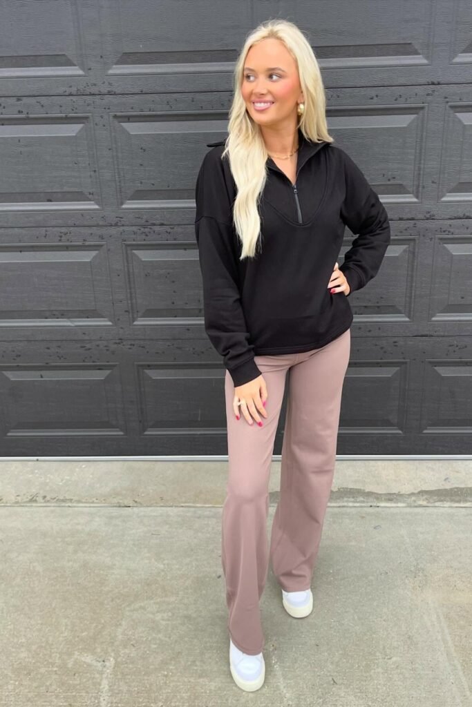 Black Quarter-Zip Pullover + Mauve Flared Trousers + White Sneakers