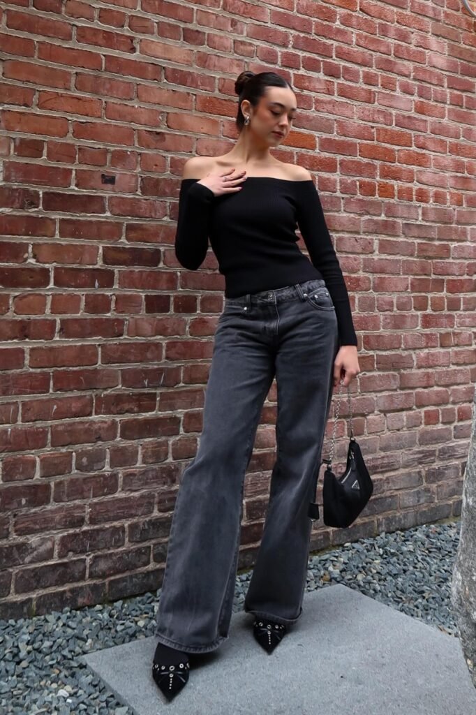 Black Ribbed Off-the-Shoulder Top + Charcoal Wide-Leg Jeans + Black Pointed Heels