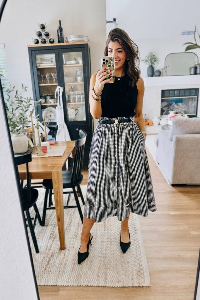 Black Ribbed Sleeveless Top + Black and White Gingham Midi Skirt + Black Pointed Heels