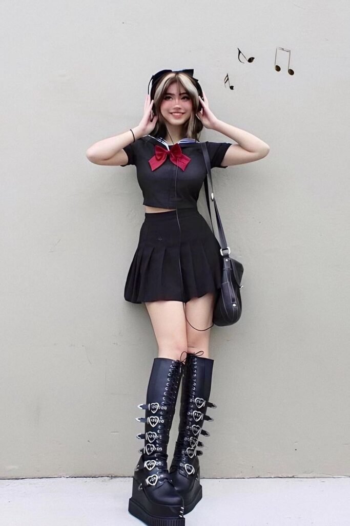 Black Sailor-style Crop Top + Pleated Mini Skirt + Heart-Buckle Platform Boots