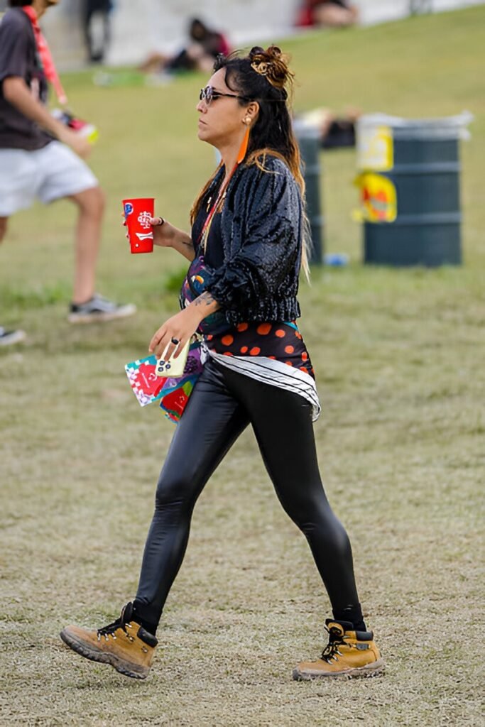 Black Sequin Bomber Jacket + Black Shiny Leggings + Tan Work Boots