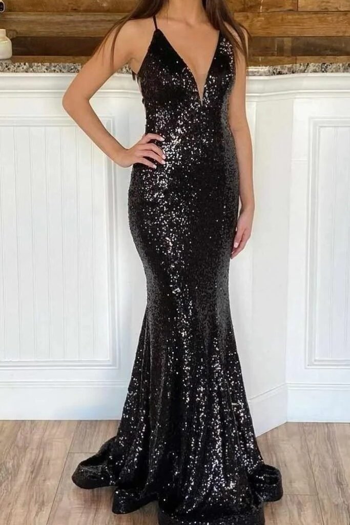 Black Sequin Mermaid Gown with Deep V-Neck + Spaghetti Straps